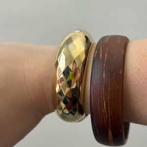 Set of 2 Bangles – Heavy Gold-Tone Cuff & Faux Wood Bangle